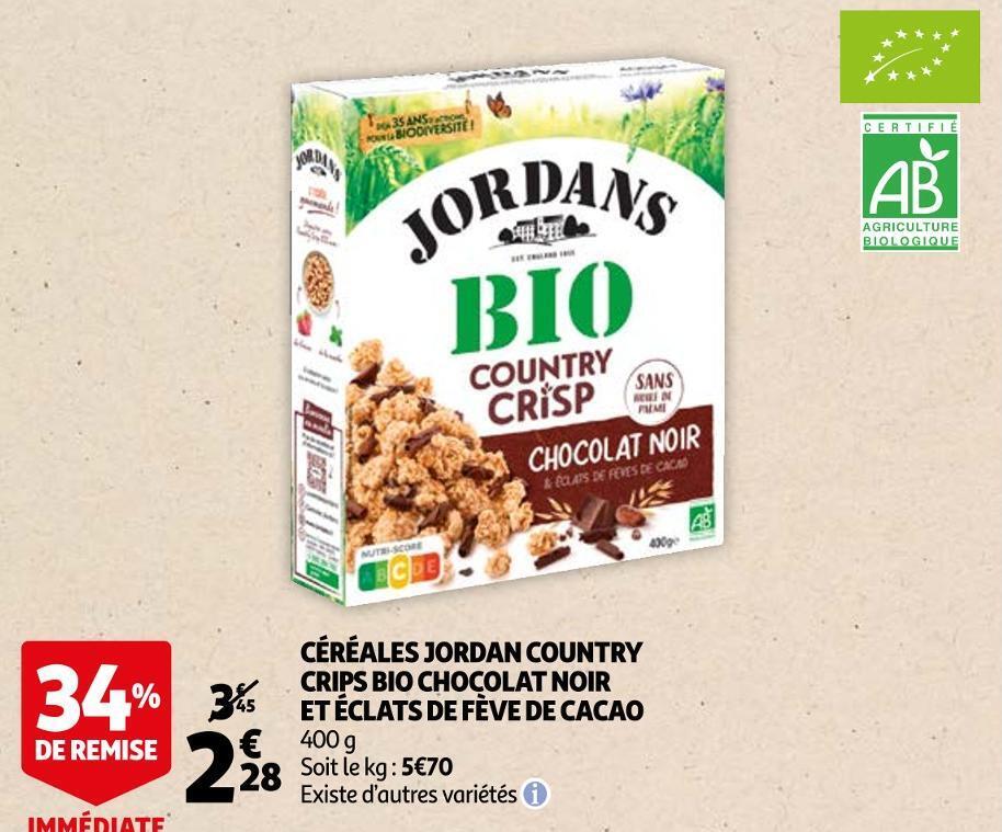 Promo Jordans céréales jordan country crips bio chocolat noir et éclats