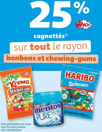 Auchan Mentos / krema / haribo bon plan sur tout le rayon bonbons et chewing-gums de marques mentos, krema, haribo offre