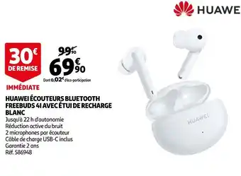 Auchan Huawei écouteurs bluetooth freebuds 4i avec étui de recharge blanc offre