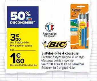Carrefour Bic 3 Stylos-bille 4 Couleurs offre