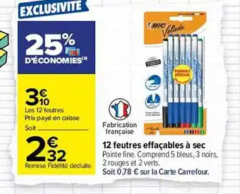 Carrefour 12 Feutres Effaçables à Sec Bic Velleda offre