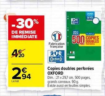 Carrefour Oxford Copies Doubles Perforées offre