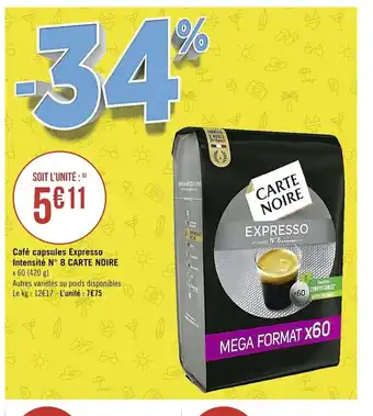 Casino Supermarchés Café Capsules Expresso Intensité N°8 Carte Noire offre