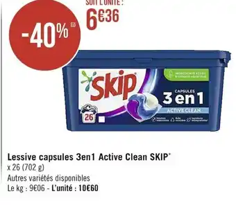 Casino Supermarchés Lessive Capsules 3en1 Active Clean Skip offre