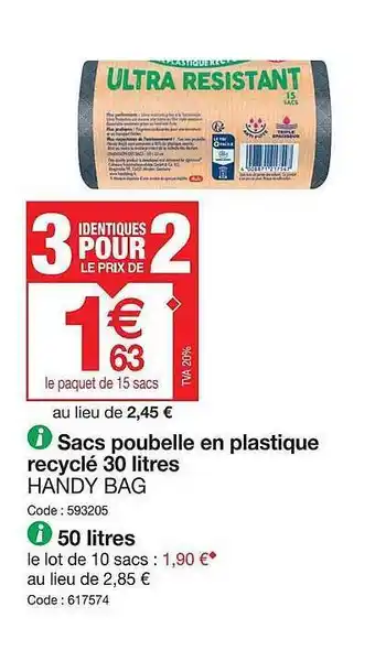 Promocash Sacs Poubelle En Plastique Recyclé 30 Litres Handy Bag, 50 Litres offre