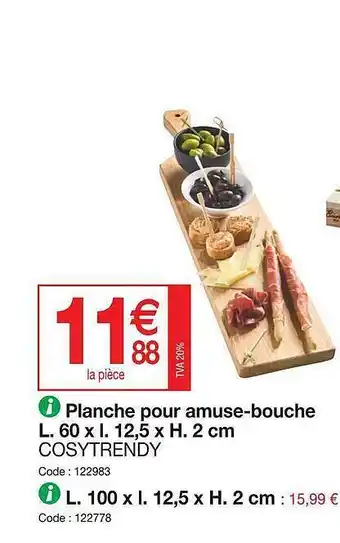 Promocash Planche Pour Amuse-bouche L. 60 X L. 12,5 X H. 2 Cm, L. 100 X L. 12,5 X H. 2 Cm offre