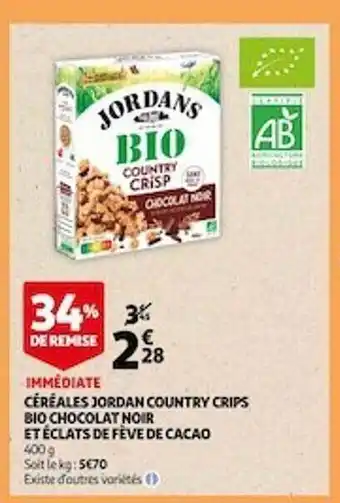 Auchan Céréales Jordan Country Crips Bio Chocolat Noir Et éclats De Fève De Cacao offre