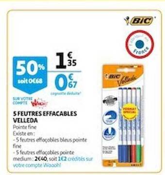 Auchan 5 Feutres Effaçables Velleda offre