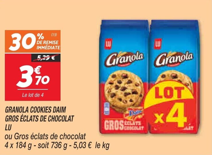 Promo LU granola cookies daim gros éclats de chocolat chez Netto