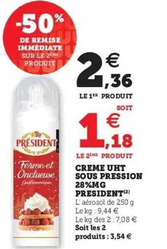 Hyper U Crème Uht Sous Pression 28% Mg Président offre