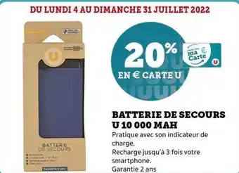 Super U Batterie De Secours U 10000 Mah offre