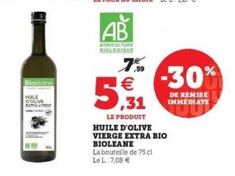 Super U Huile D'olive Vierge Extra Bio Bioleane offre