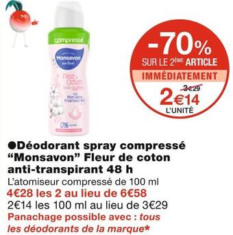 Monoprix Monsavon déodorant spray compressé fleur de coton anti-transpirant 48 h offre