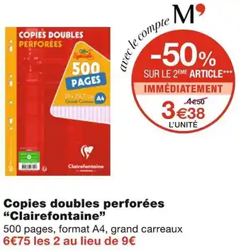 Monoprix Clairefontaine copies doubles perforées offre