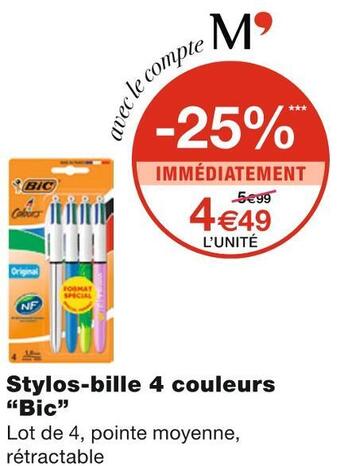 Monoprix Bic stylos-bille 4 couleurs offre