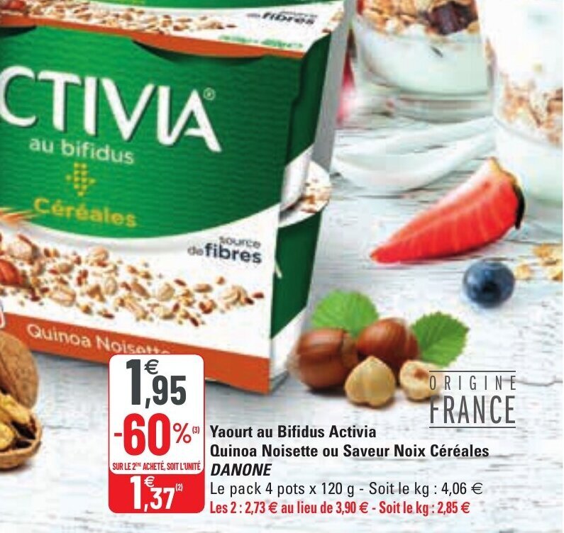 Promo DANONE yaourt au bifidus activia quinoa noisette ous aveur noix