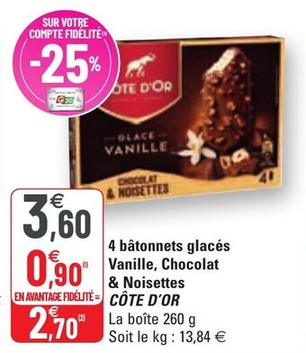 G20 COTE D'OR 4 bâtonnets glacés vanille, chocolat & noisettes offre