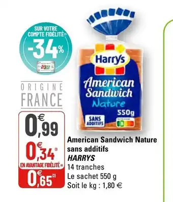 G20 American Sandwich Nature sans additifs Harrys offre