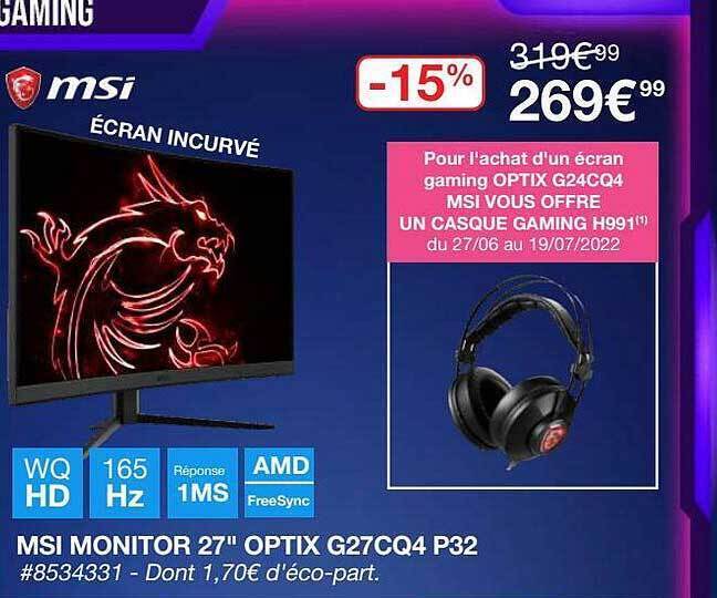 Promo Msi Monitor 27 chez Costco