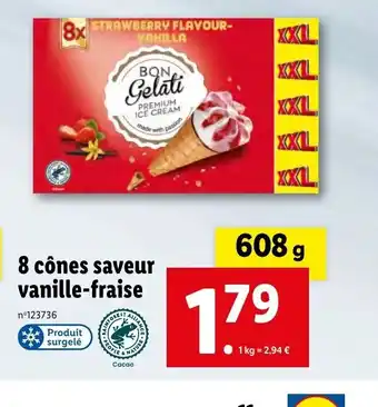 Lidl 8 Cônes Saveur Vanille-Fraise offre