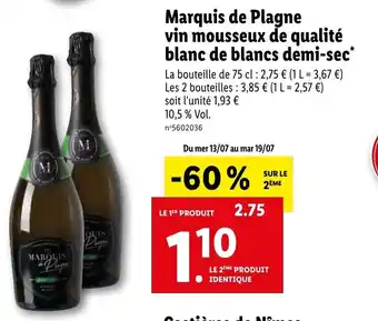 Lidl Marquis De Plagne Vin Mousseux De Qualité Blanc De Blancs Demi-Sec* offre