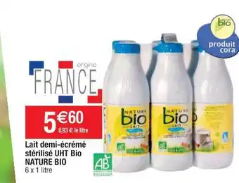 Cora x Carrefour Lait Demi-écrémé Stérilisé Uht Bio Nature Bio offre