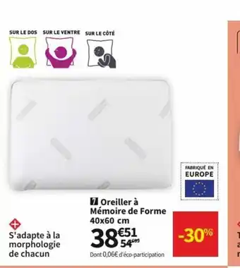 Conforama Oreiller à Mémoire De Forme 40x60 cm offre