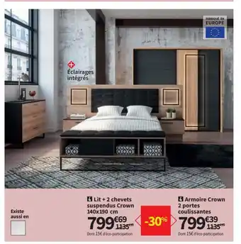 Conforama Lit + 2 Chevetes Supendus Crown 140 x 190 cm offre