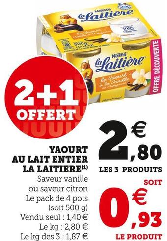 Super U La laitiere yaourt au lait entier offre