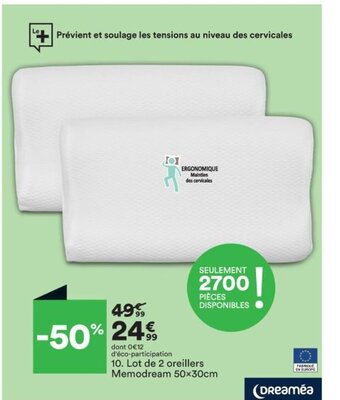 BUT Lot de 2 Oreillers Memodream 50x30cm offre