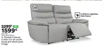 Canapé 3 Places 2 Relax Cuir Et Croûte Taupe Gris électriques Evogg