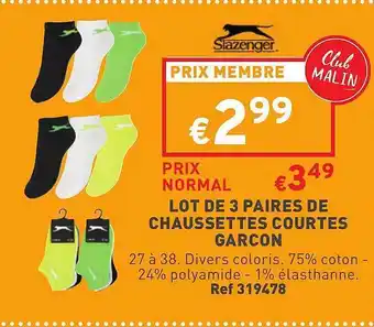 Trafic Lot De 3 Paires De Chaussettes Courtes Garçon Slazenger offre