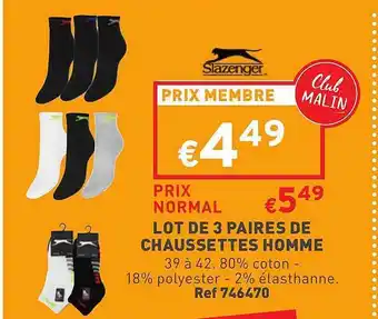 Trafic Lot De 3 Paires De Chaussettes Homme Slazenger offre