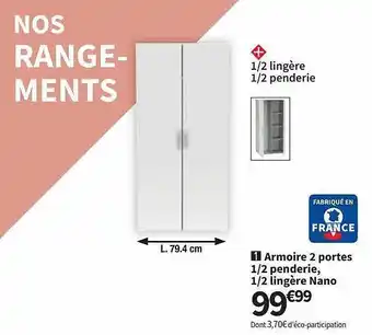 Conforama Armoire 2 Portes 1-2 Penderie, 1-2 Lingère Nano offre