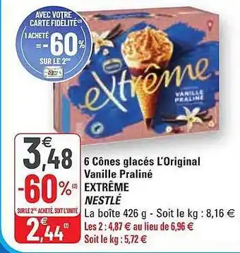G20 4 Cônes Glacés L'original Vanille Praliné Extrême Nestlé offre