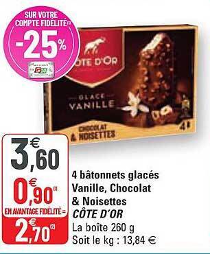 G20 4 Bâtonnets Glacés Vanille, Chocolat & Noisettes Côte D'or offre