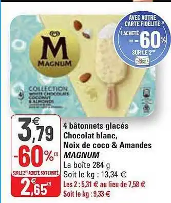 G20 4 Bâtonnets Glacés Chocolat Blanc, Noix De Coco & Amandes Magnum offre
