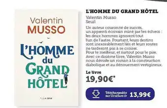 Hyper U L'homme Du Grand Hôtel - Valentin Musso offre