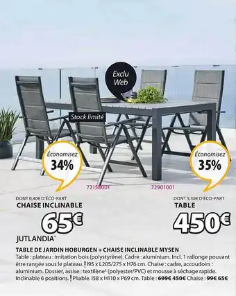 JYSK Table De Jardin Hoburgen + Chaise Inclinable Mysen Jutlandia offre
