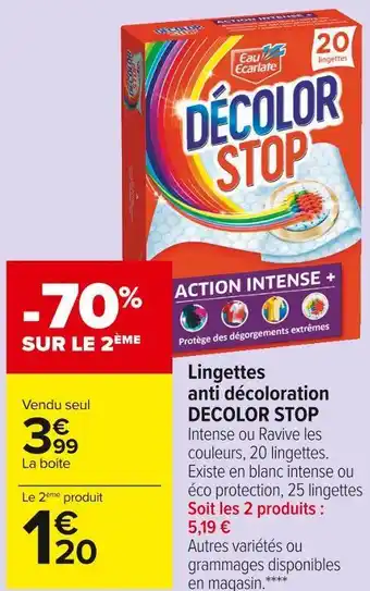 Carrefour Market Eau écarlate lingettes anti décoloration decolor stop offre
