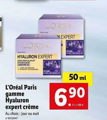 Lidl L'oréal Paris Gamme Hyaluron Expert Crème offre