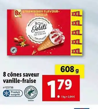 Lidl 8 Cônes Saveur Vanille-fraise offre
