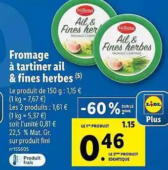 Lidl Fromage à Tartiner Ail & Fines Herbes Milbona offre