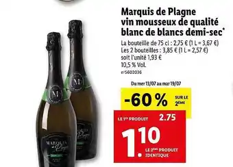 Lidl Marquis De Plagne Vin Mousseux De Qualité Blanc De Blancs Demi-sec offre