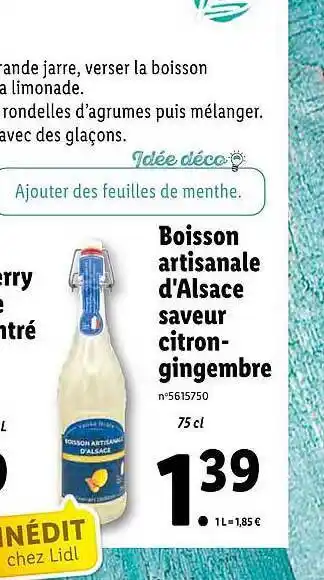 Lidl Boisson Artisanale D'alsace Saveur Citron-gingembre offre