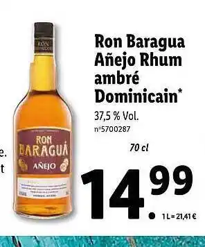 Lidl Ron Baragua Añejo Rhum Ambré Dominicain offre