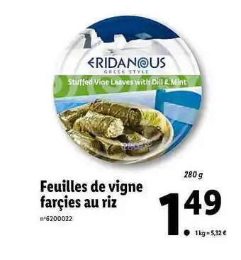 Lidl Feuilles De Vigne Farcies Au Riz Eridanous offre