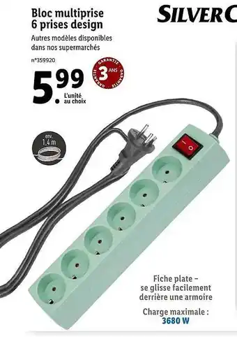 Lidl Bloc Multiprise 6 Prises Design Silver Crest offre