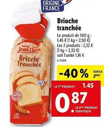 Lidl Brioche Tranchée Maître Jean Pierre offre