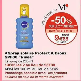 Monoprix Spray Solaire Protect & Bronz Spf30 offre